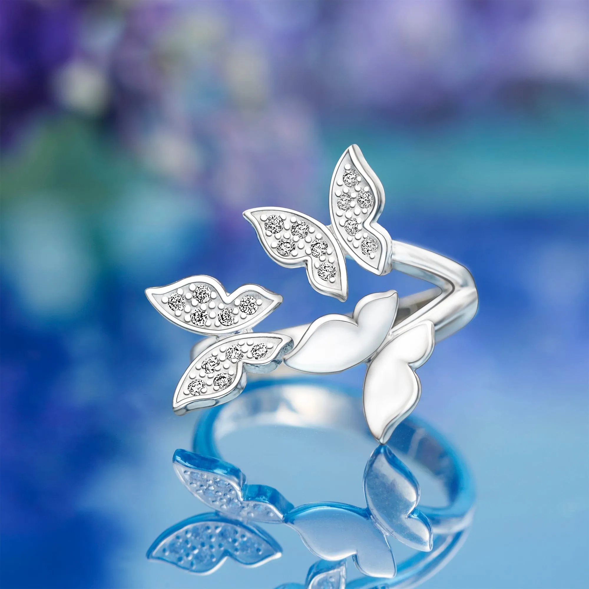 CZ Triple Butterfly Rings Sterling Silver Adjustable