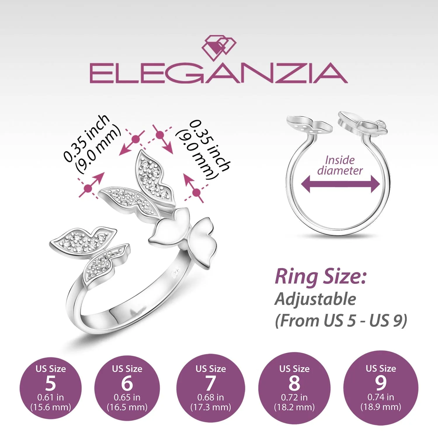 CZ Triple Butterfly Rings Sterling Silver Adjustable