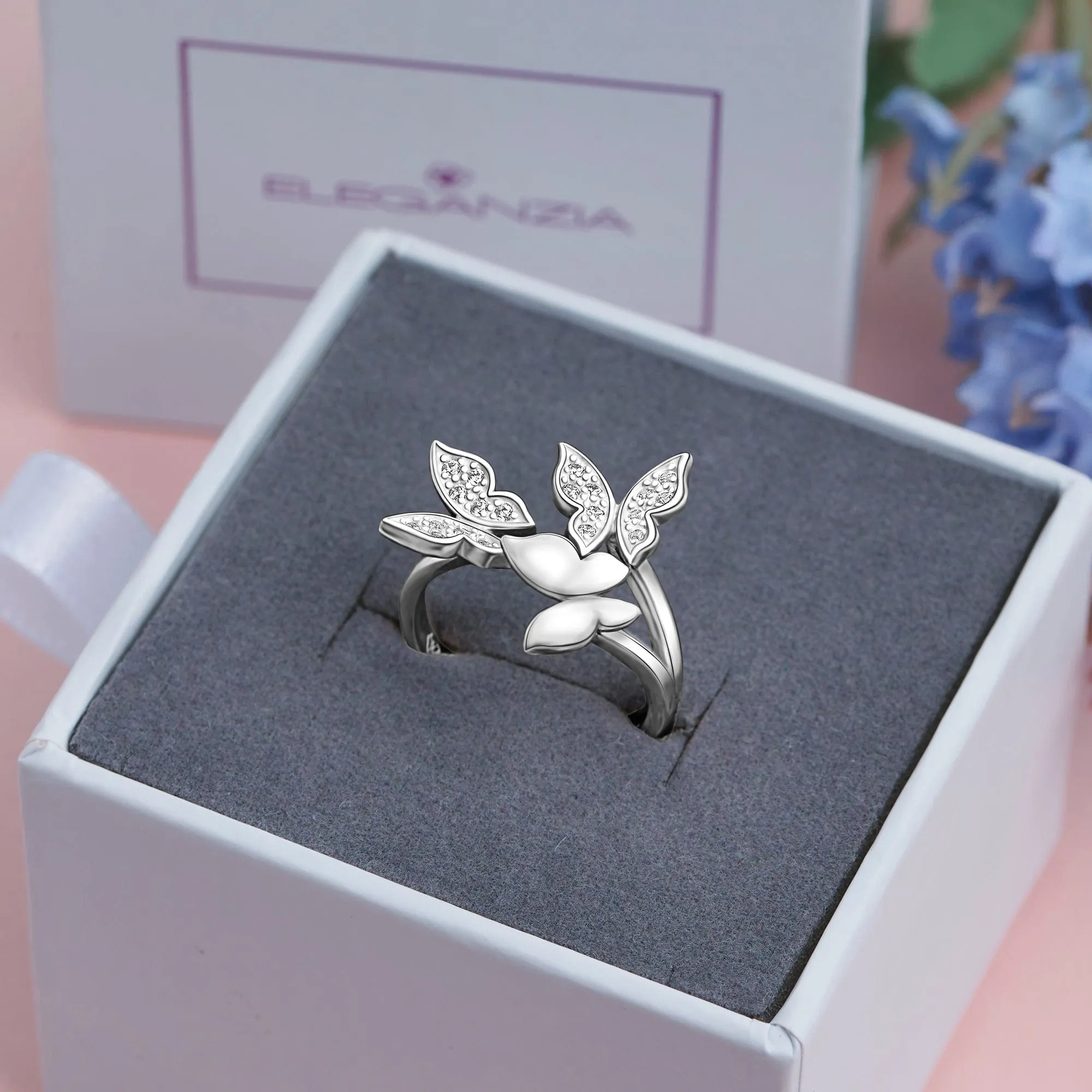 CZ Triple Butterfly Rings Sterling Silver Adjustable