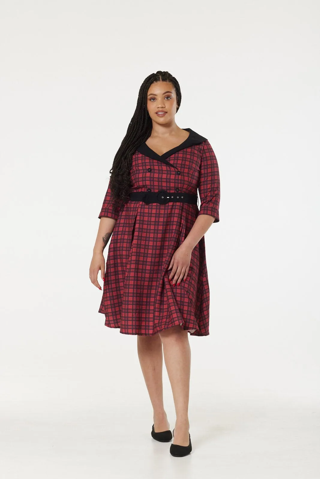 Dolly Midi Red and Black Check Swing Dress wt short Sleeves