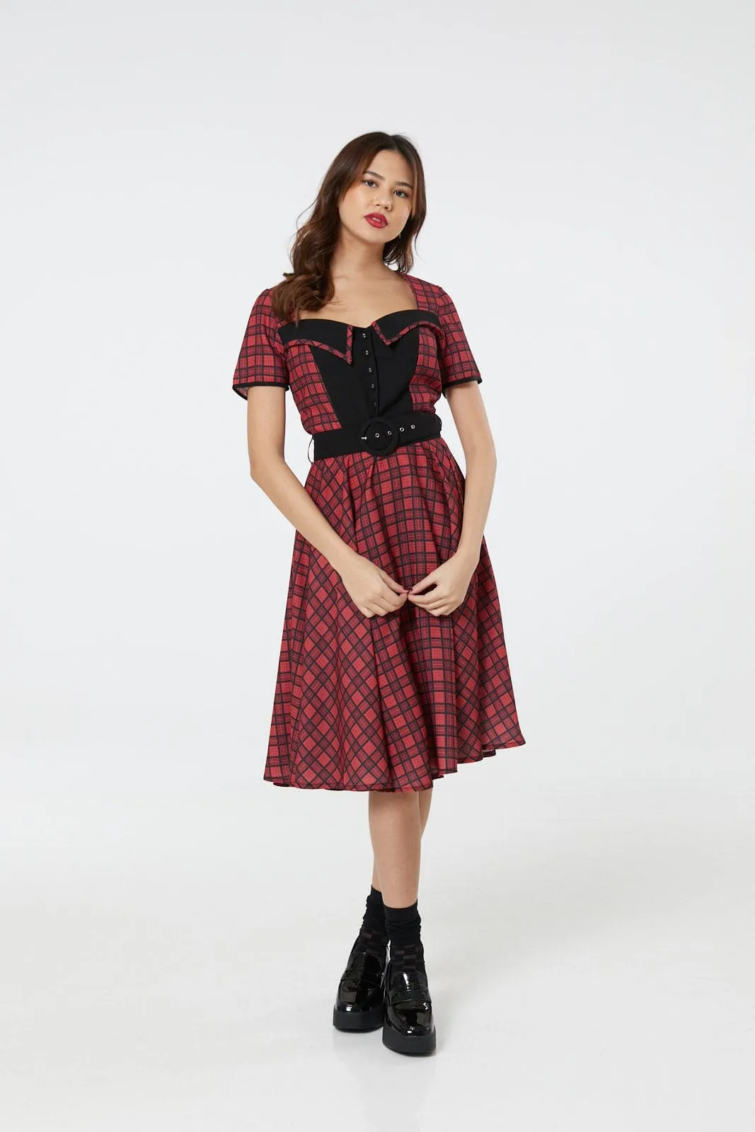 Dolly Midi Red and Black Check Swing Dress wt short Sleeves