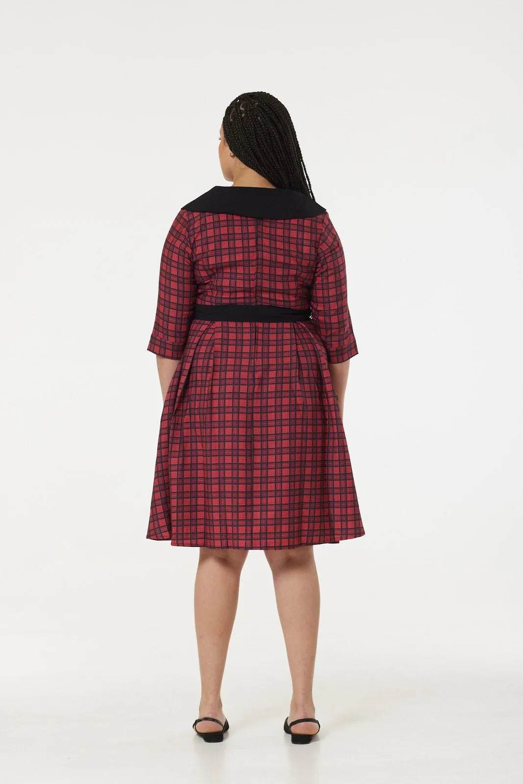 Dolly Midi Red and Black Check Swing Dress wt short Sleeves