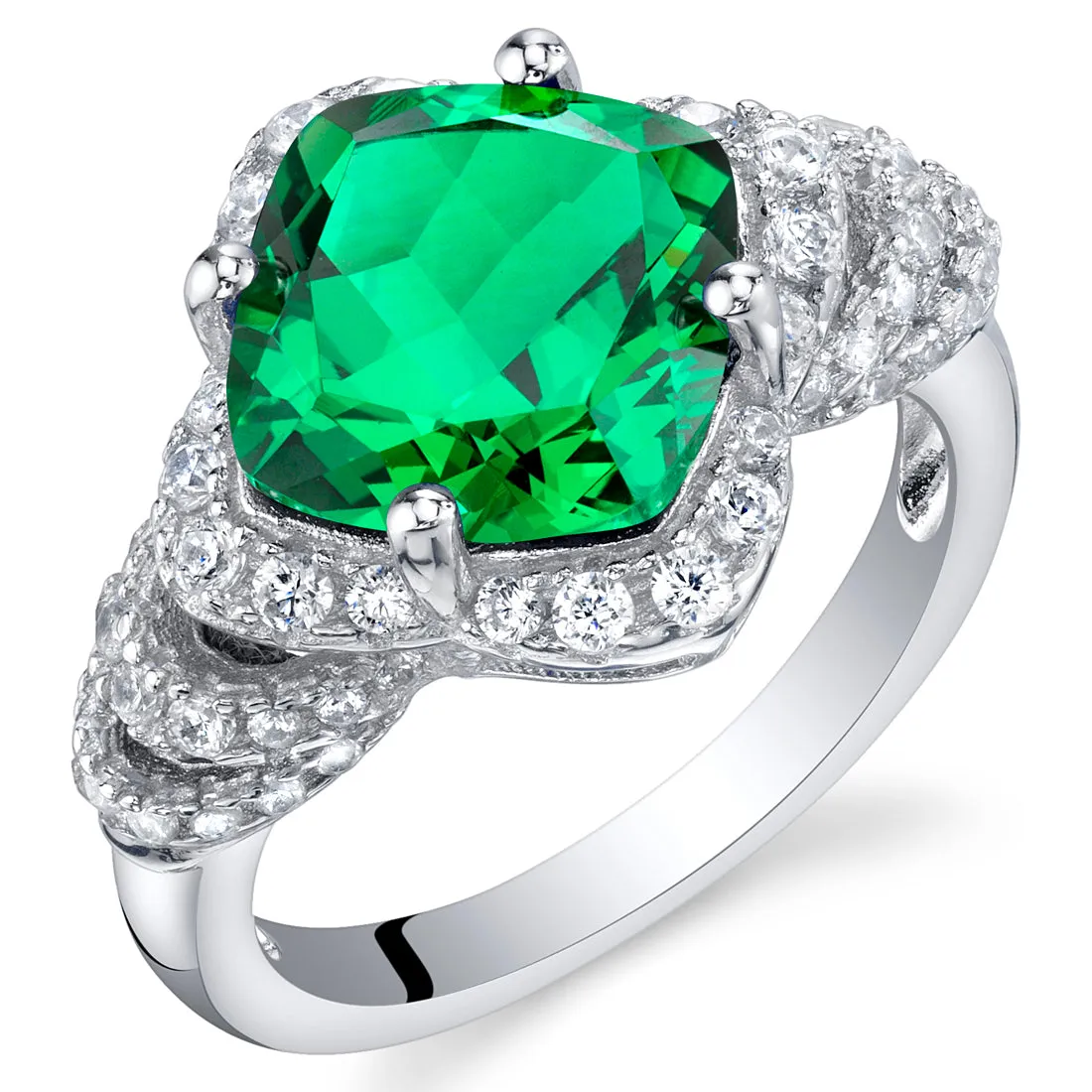 Emerald Cushion Cut Sterling Silver Ring Size 9