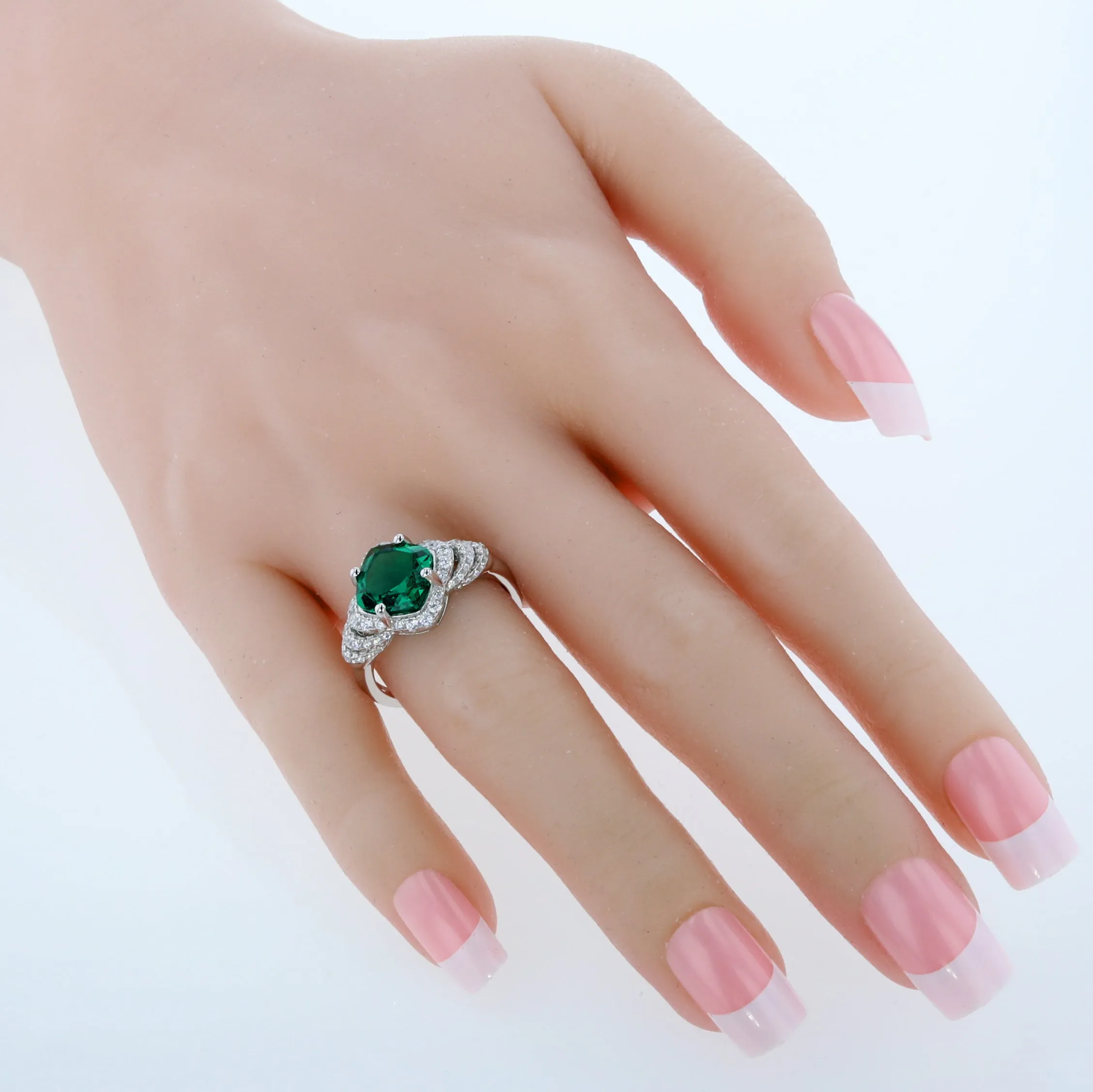 Emerald Cushion Cut Sterling Silver Ring Size 9