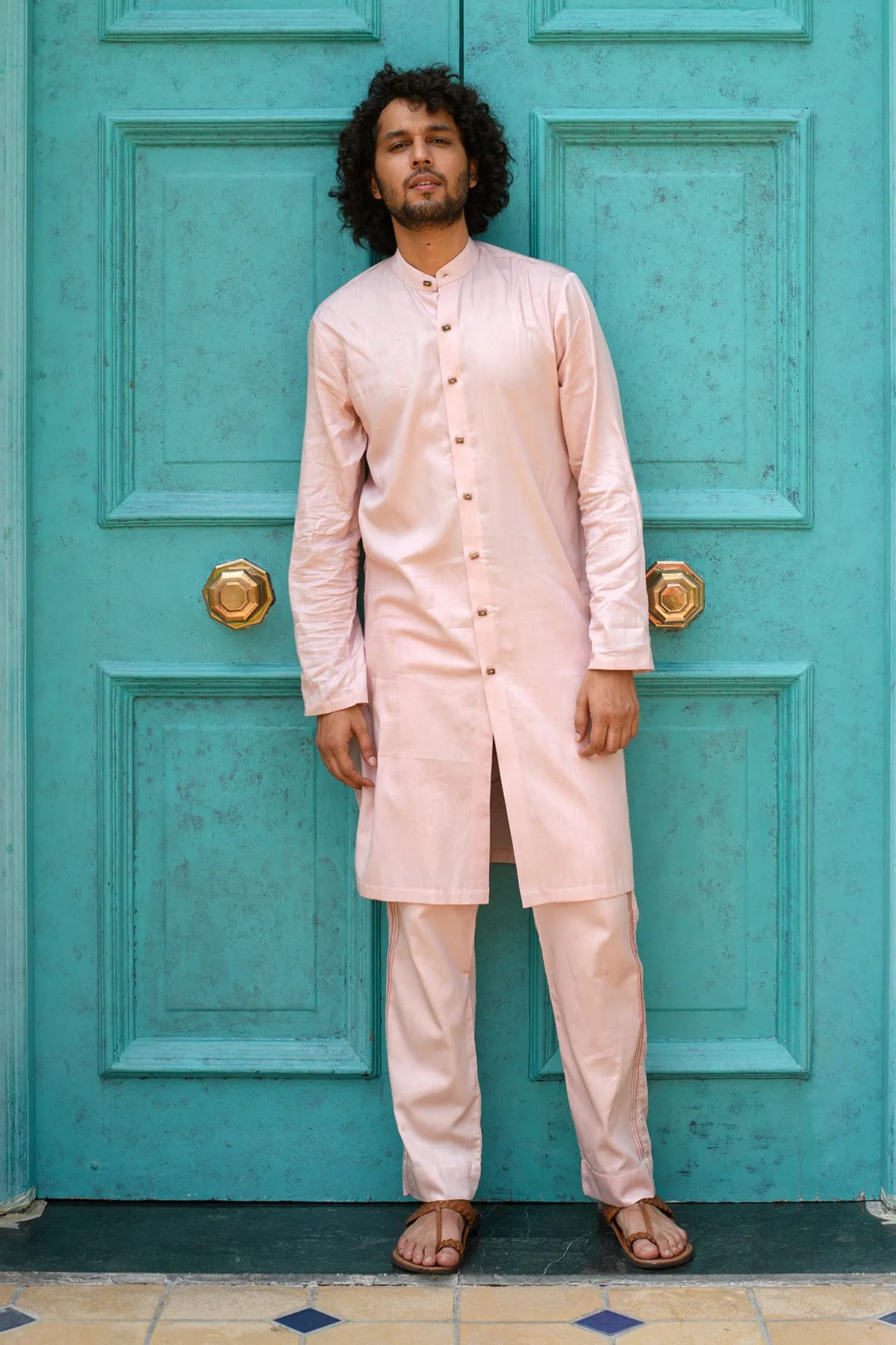 FARROKH-  Embroidered Pink Achkan Paired with Matching Kurta  &  Trouser set