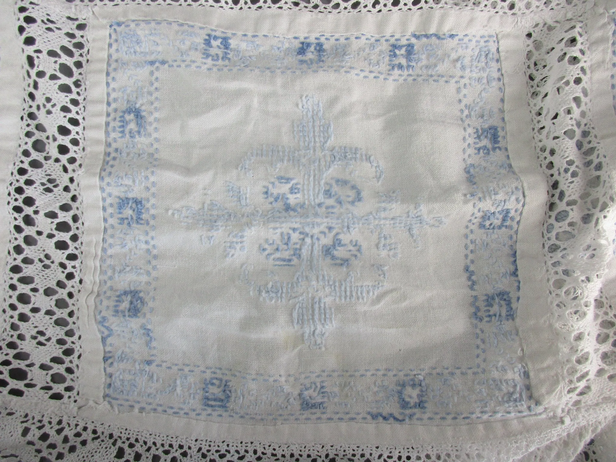 French Blue And White Embroidered Cross Stitch Table Cloth Cover Vintage