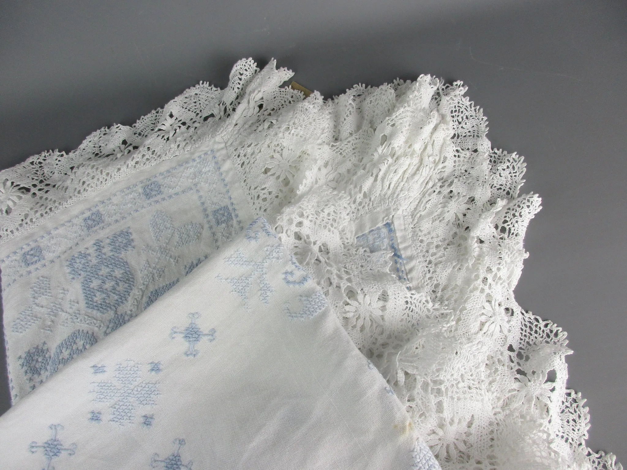 French Blue And White Embroidered Cross Stitch Table Cloth Cover Vintage