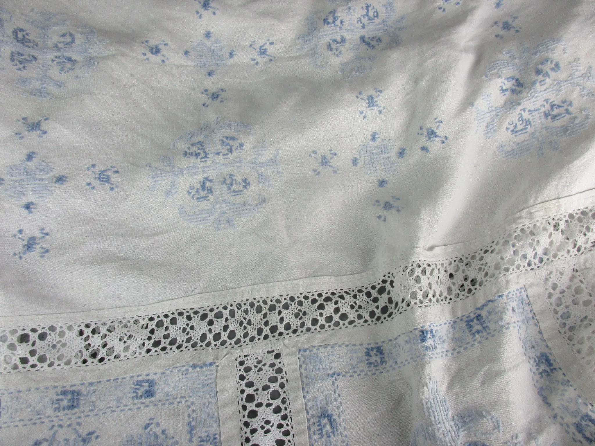 French Blue And White Embroidered Cross Stitch Table Cloth Cover Vintage