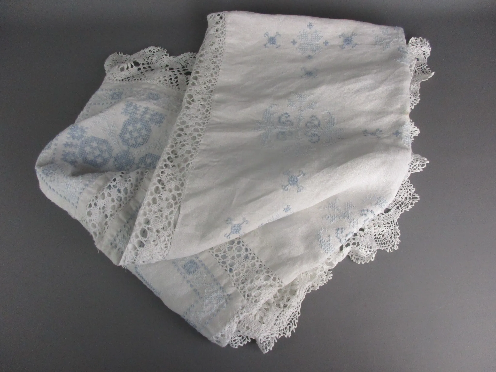 French Blue And White Embroidered Cross Stitch Table Cloth Cover Vintage