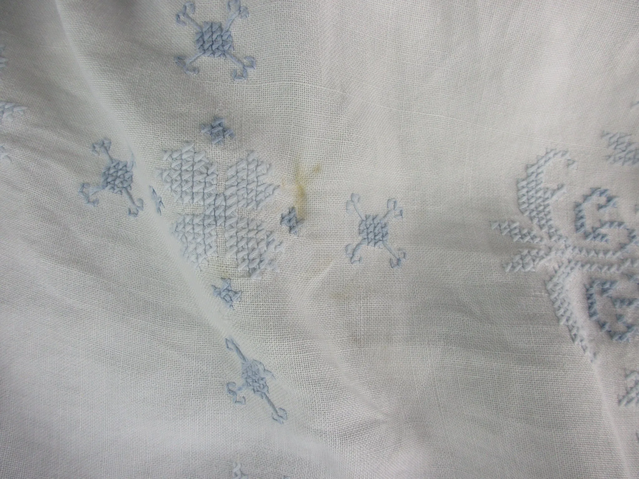 French Blue And White Embroidered Cross Stitch Table Cloth Cover Vintage