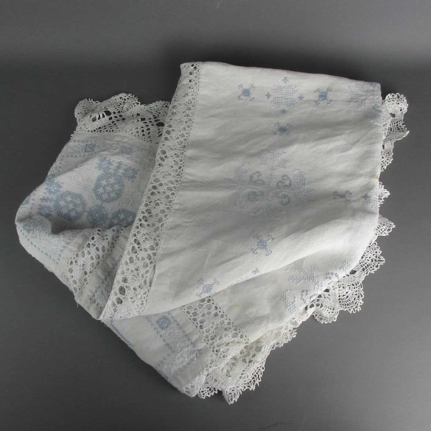 French Blue And White Embroidered Cross Stitch Table Cloth Cover Vintage