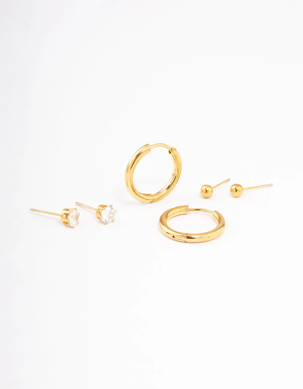 Gold Plated Stainless Steel Basic Cubic Zirconia Earrings Pack