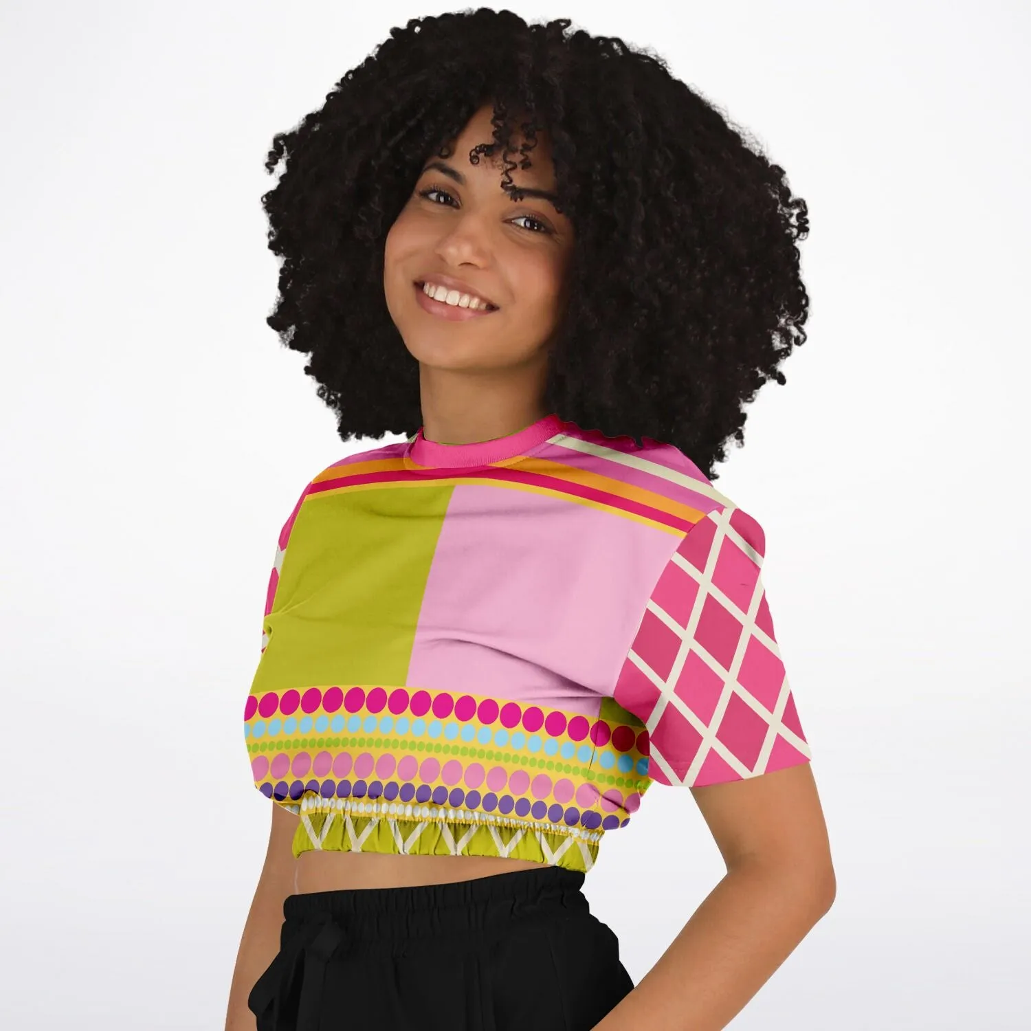 Hello Janis!  Pink Spliced Short Sleeve Cropped Sweater