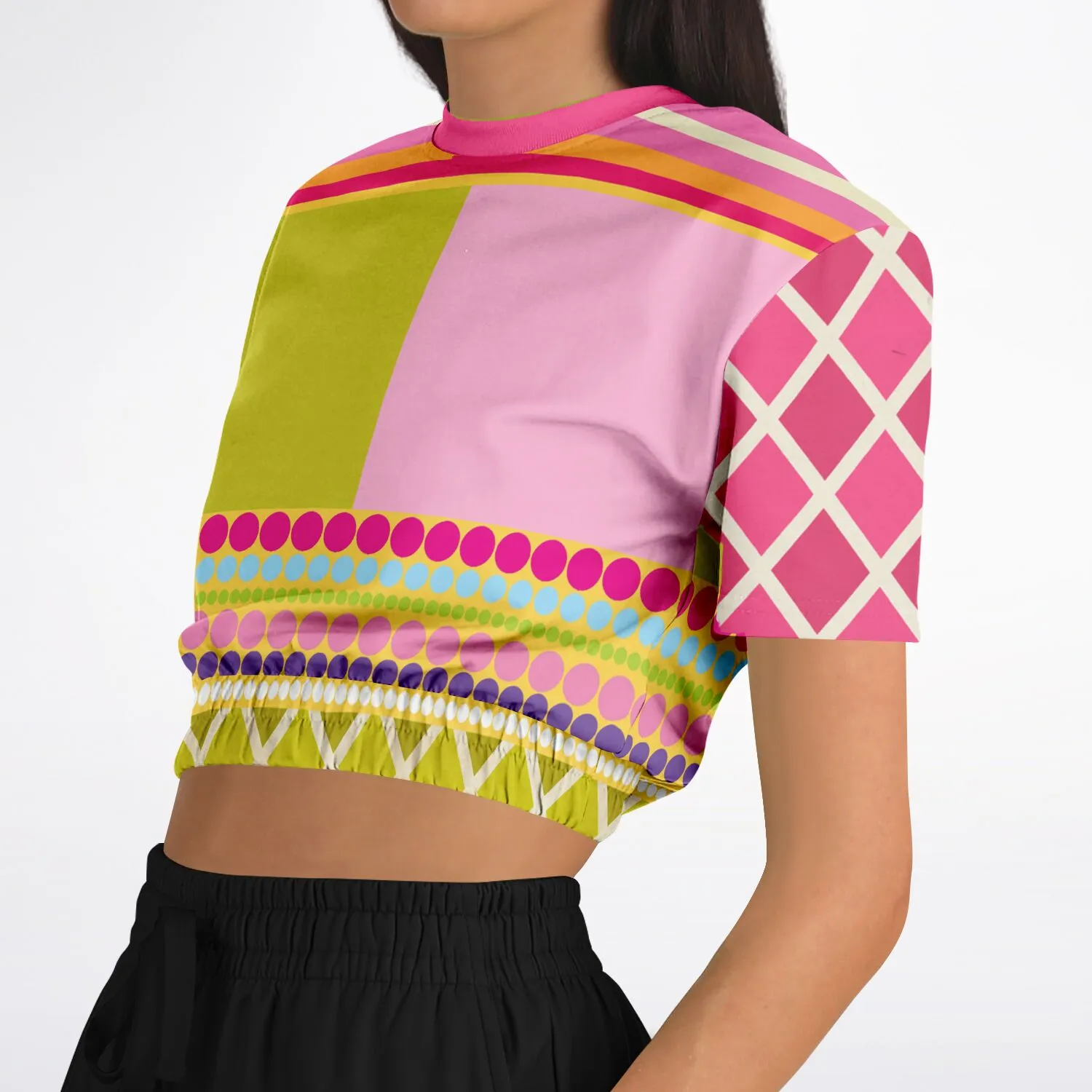 Hello Janis!  Pink Spliced Short Sleeve Cropped Sweater