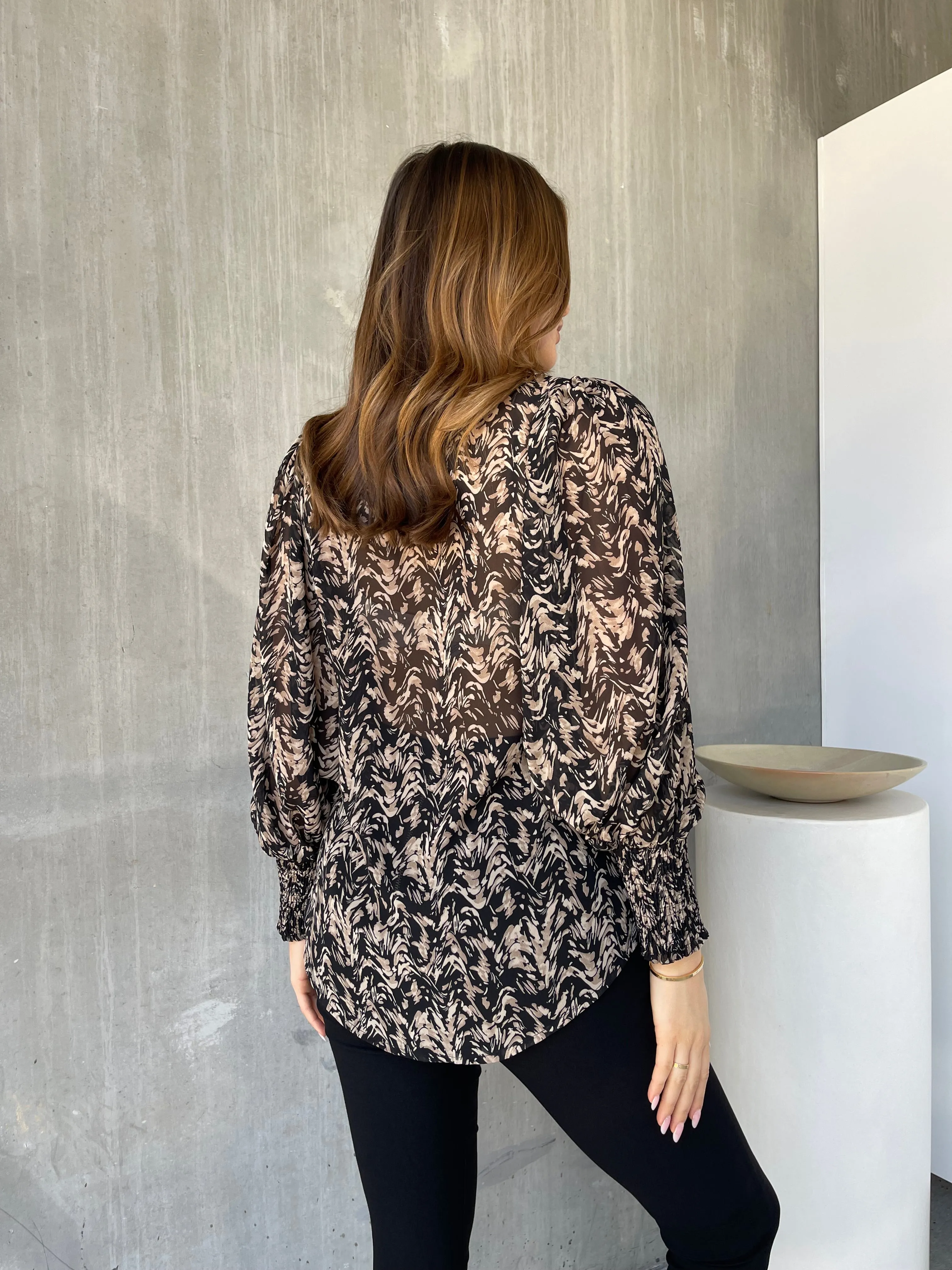 Hillary Balloon Sleeve Brown Print Chiffon Shirt