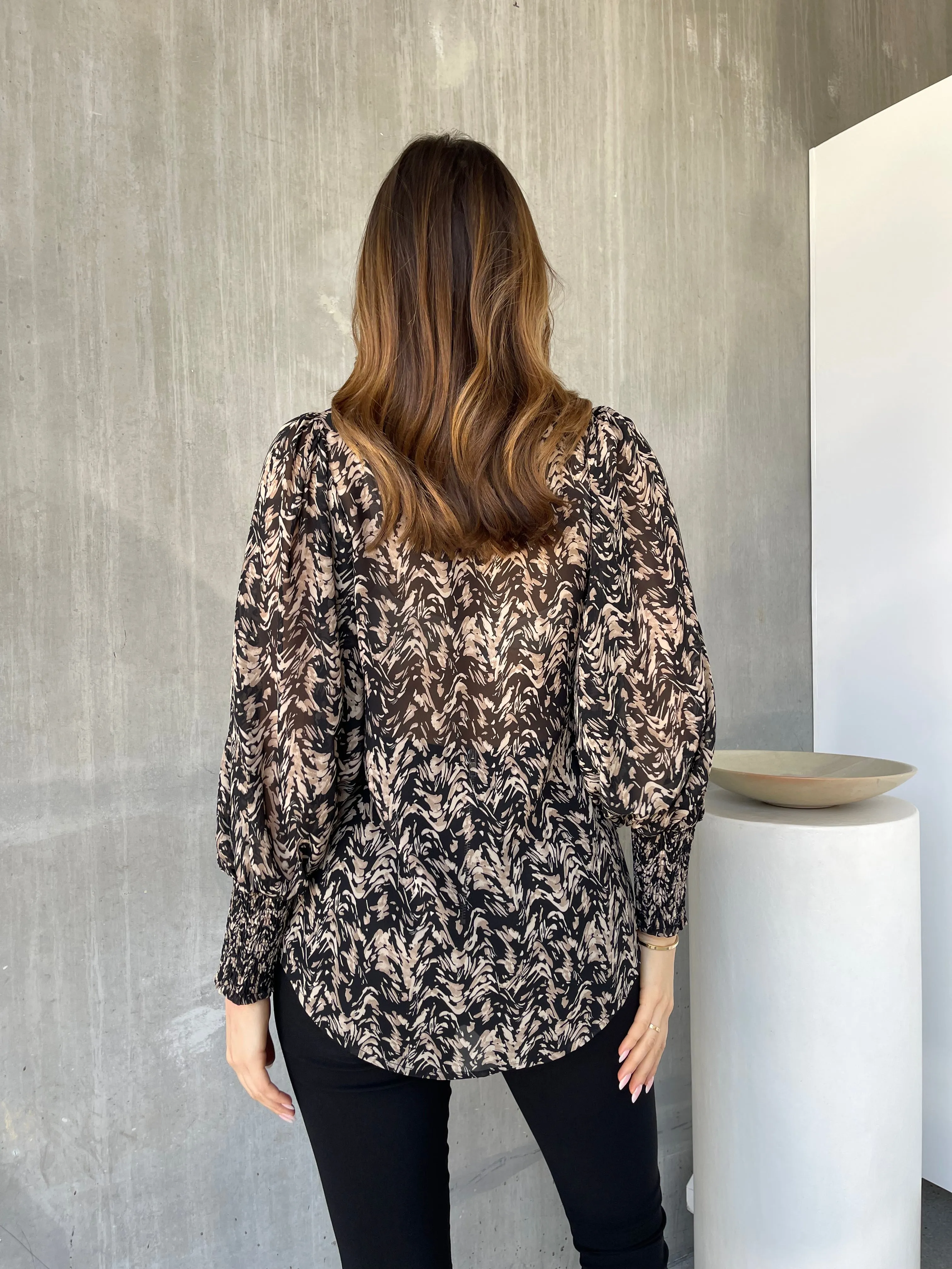 Hillary Balloon Sleeve Brown Print Chiffon Shirt