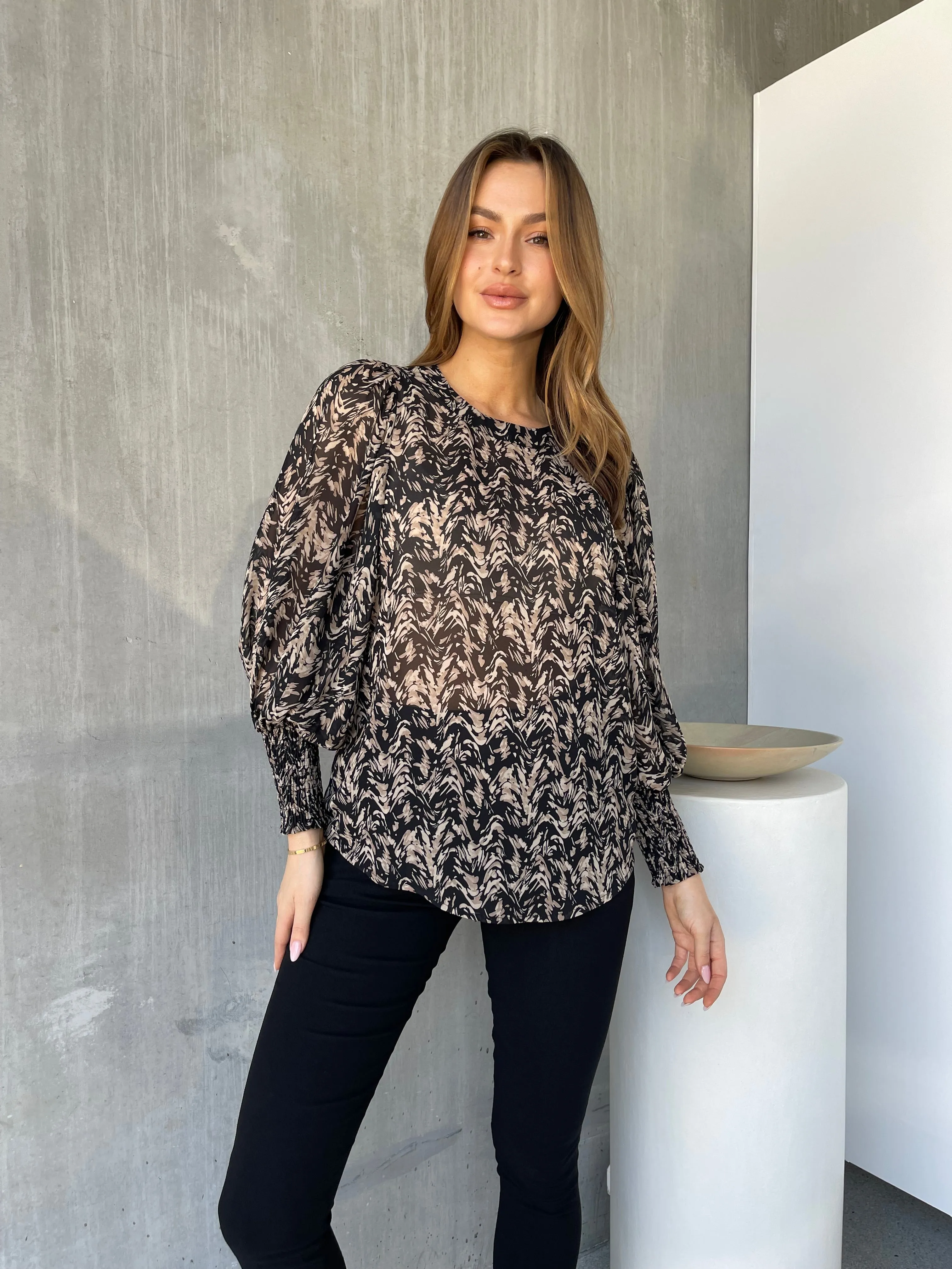 Hillary Balloon Sleeve Brown Print Chiffon Shirt