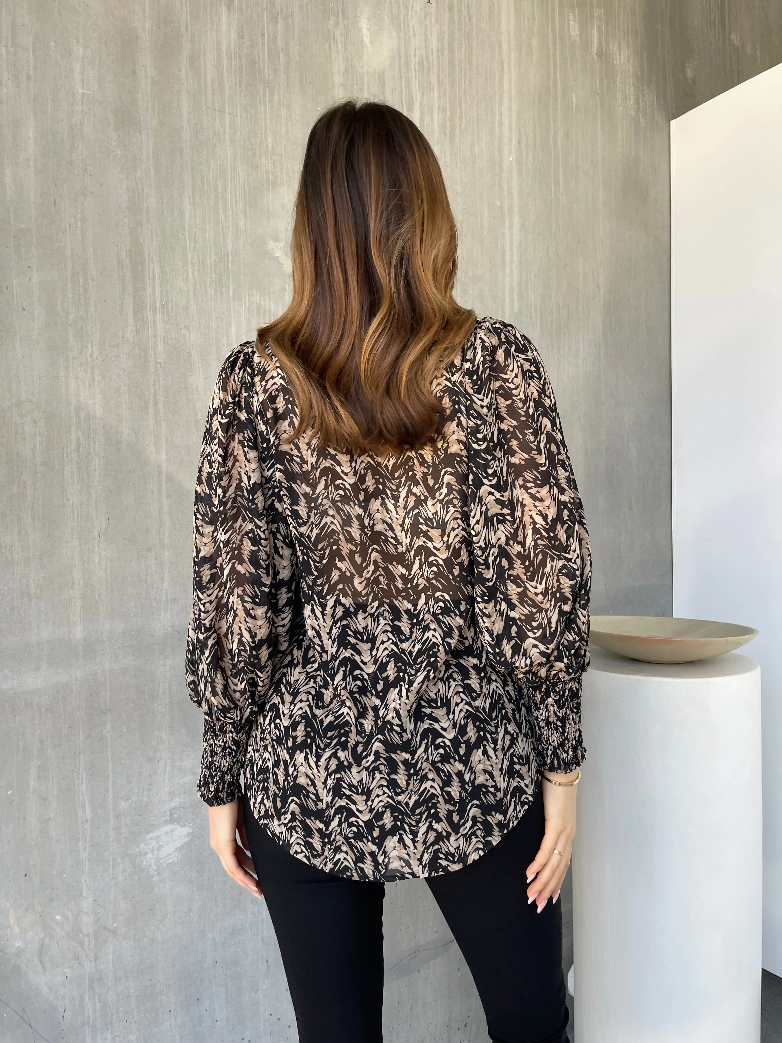 Hillary Balloon Sleeve Brown Print Chiffon Shirt