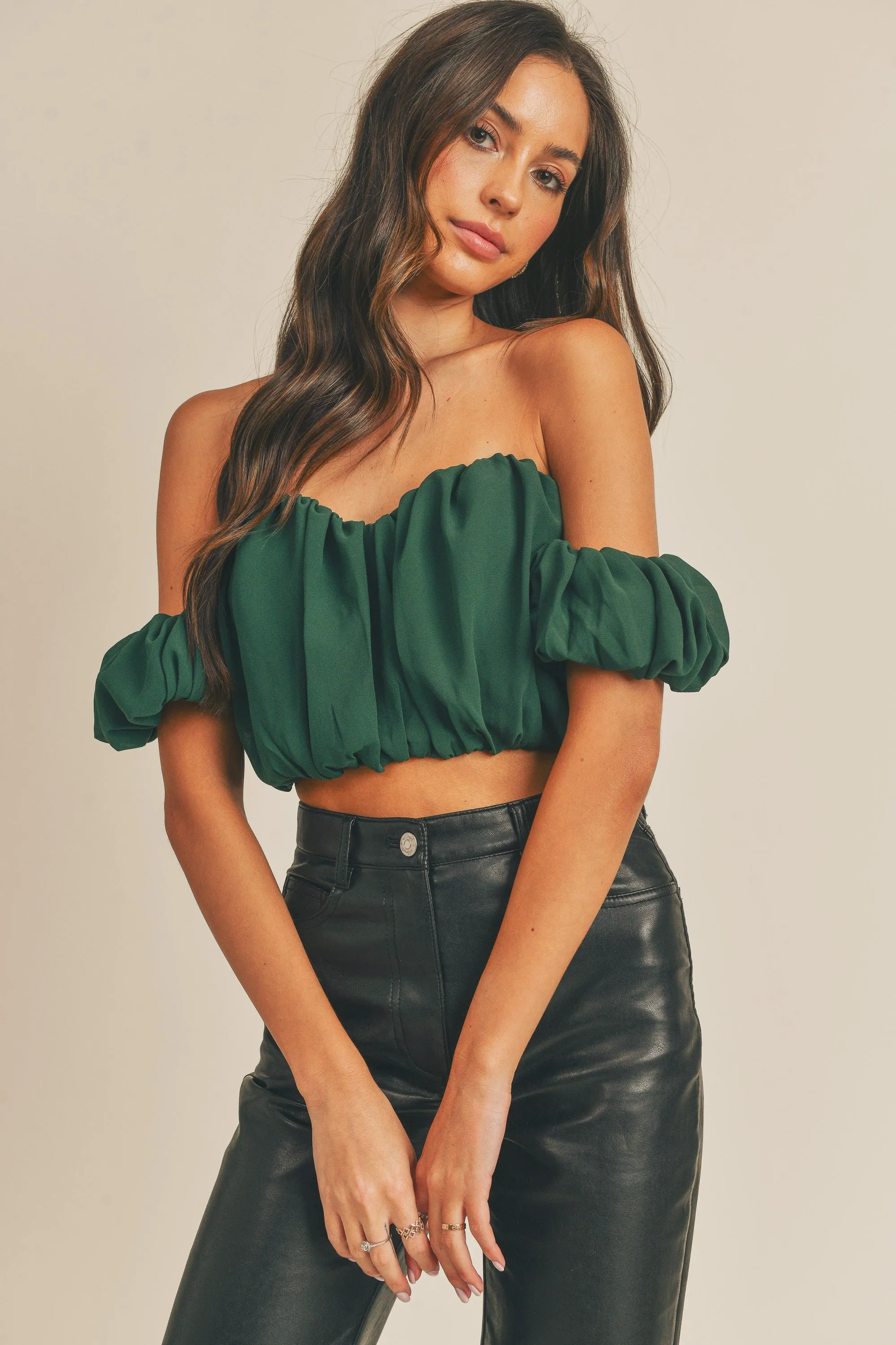 HUNTER GREEN OFF SHOULDER RUCHED CHIFFON CROP TOP