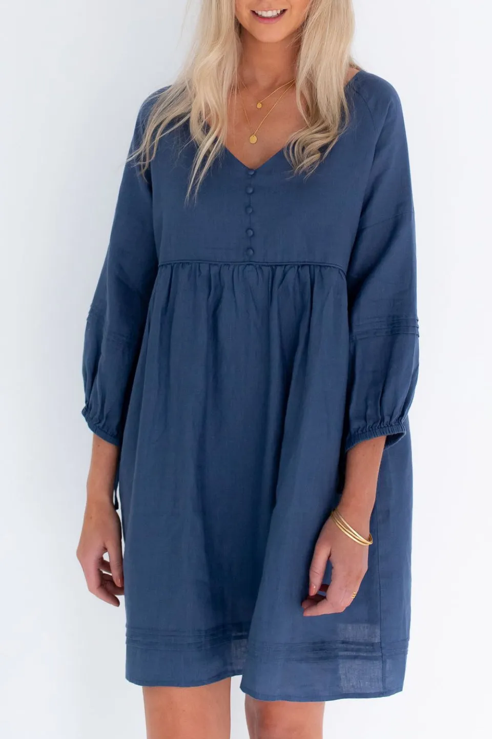 Jasmine LS Button Mini Navy Linen Dress