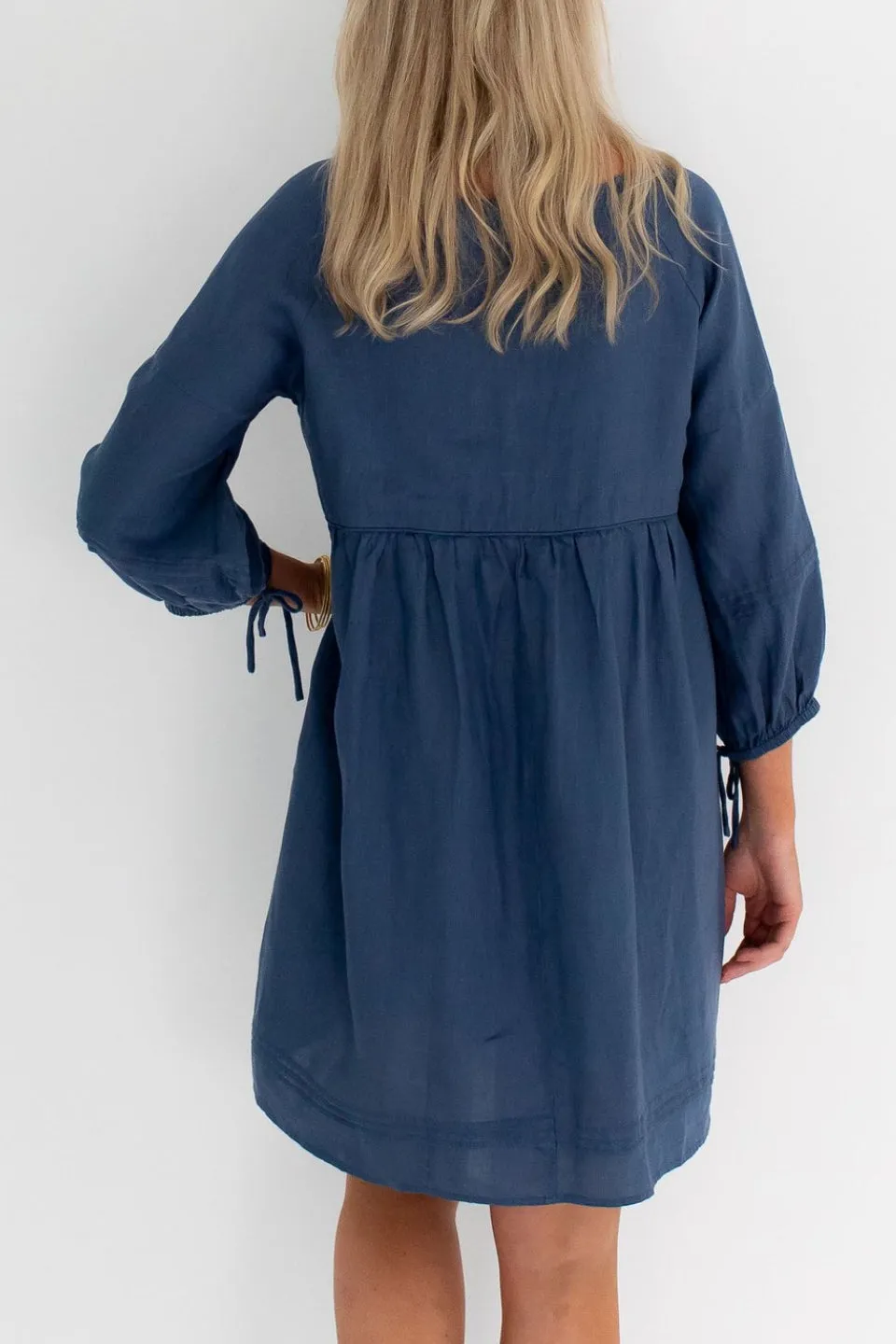 Jasmine LS Button Mini Navy Linen Dress