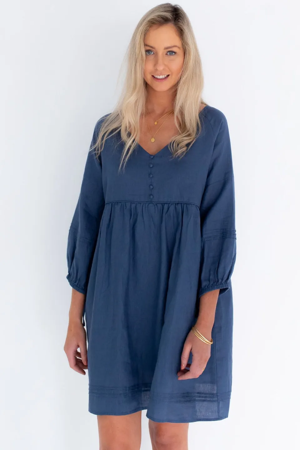 Jasmine LS Button Mini Navy Linen Dress