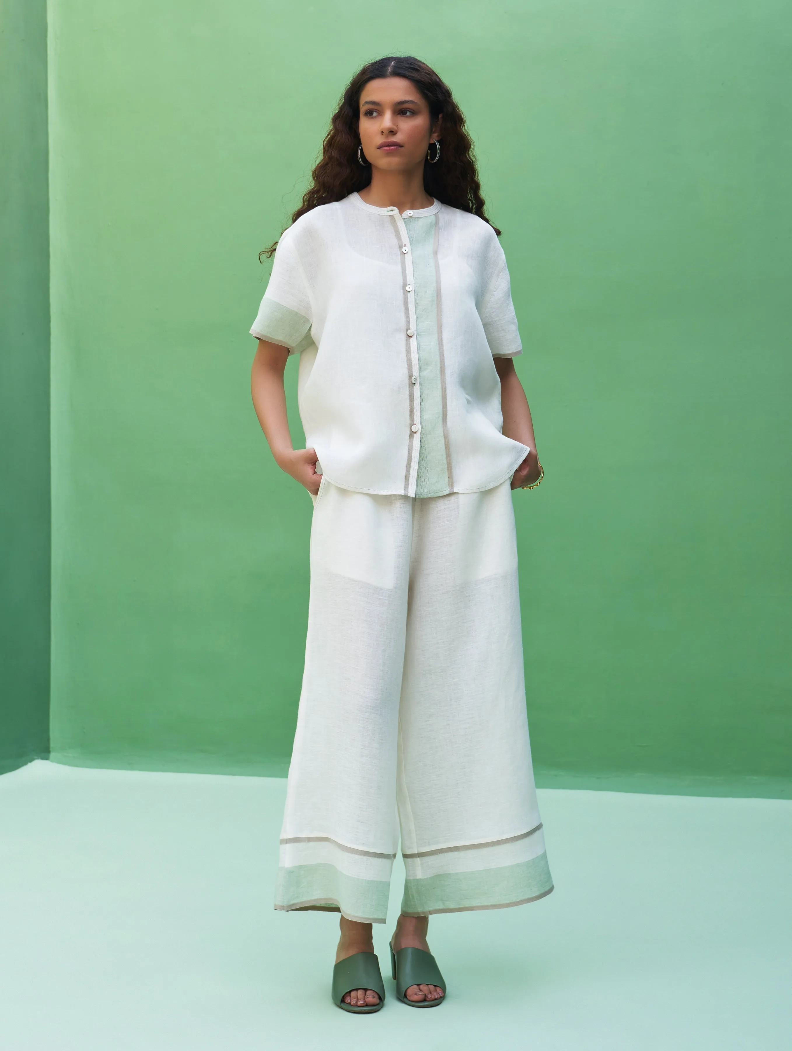 Kol Border Linen Co-ord Set - Ivory