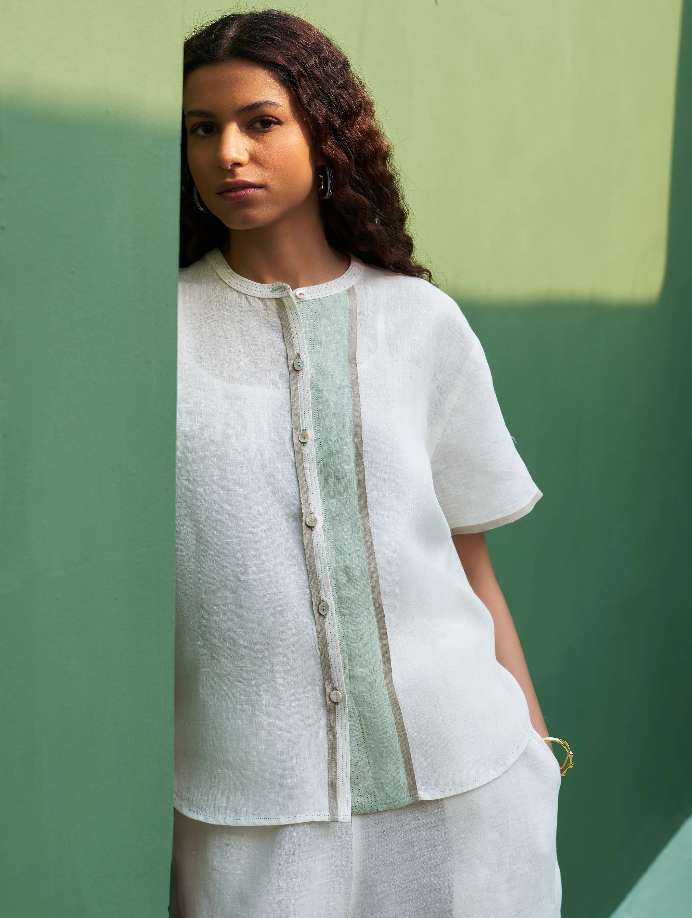 Kol Border Linen Co-ord Set - Ivory