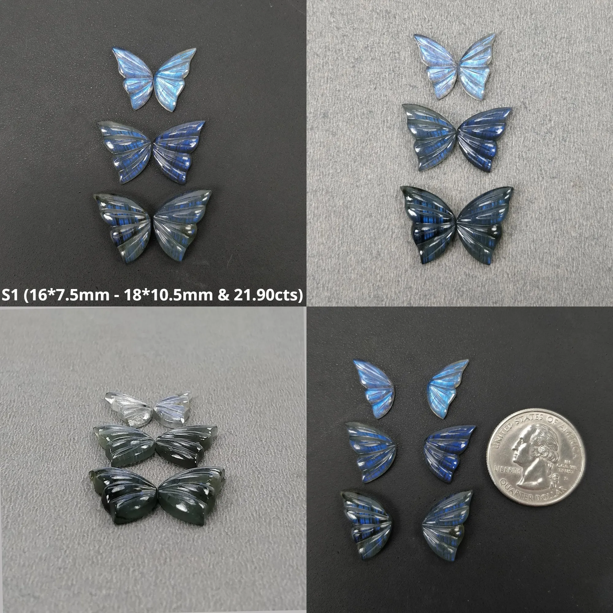 LABRADORITE Gemstone Carving : Natural Untreated Unheated Labradorite Hand Carved Butterfly Sets