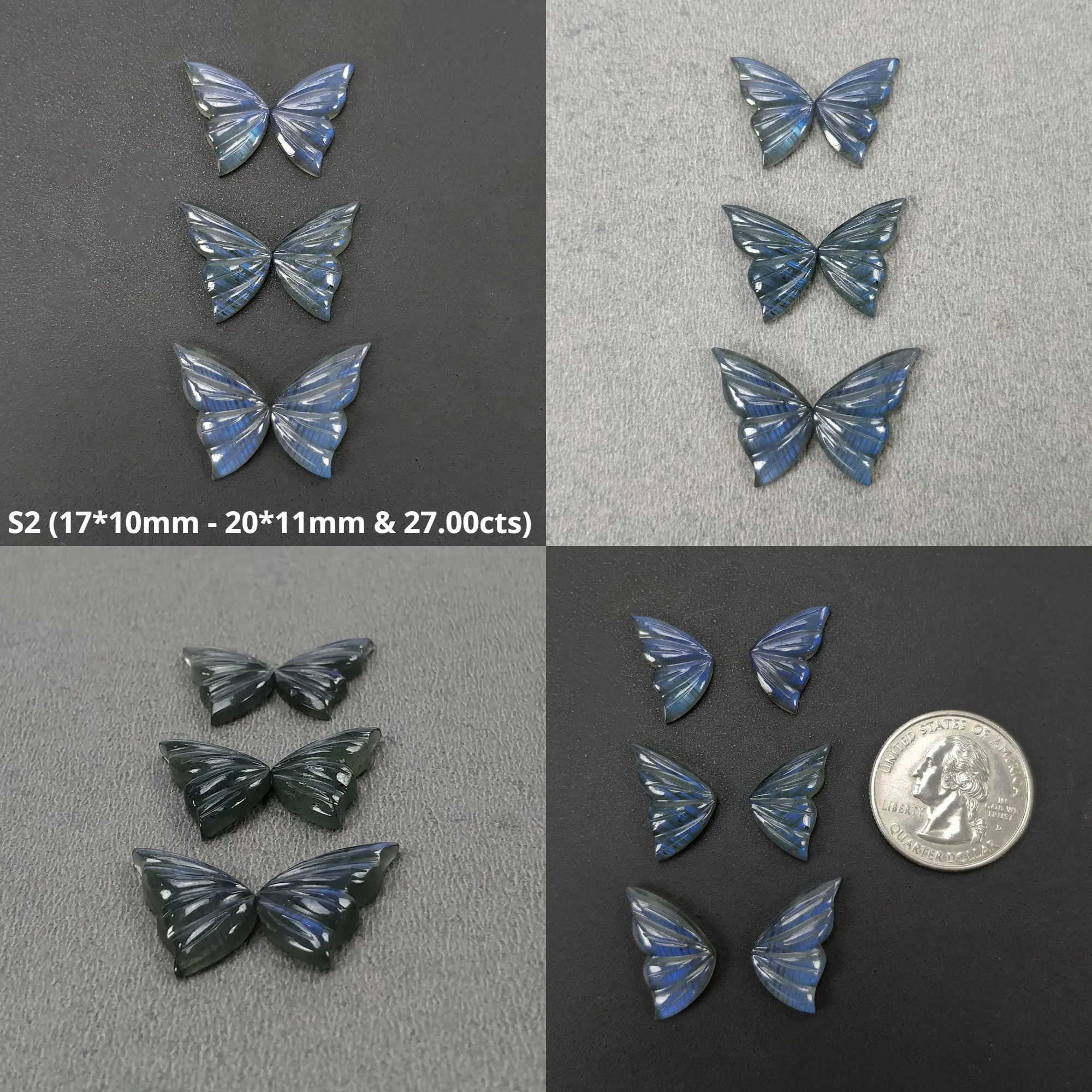 LABRADORITE Gemstone Carving : Natural Untreated Unheated Labradorite Hand Carved Butterfly Sets