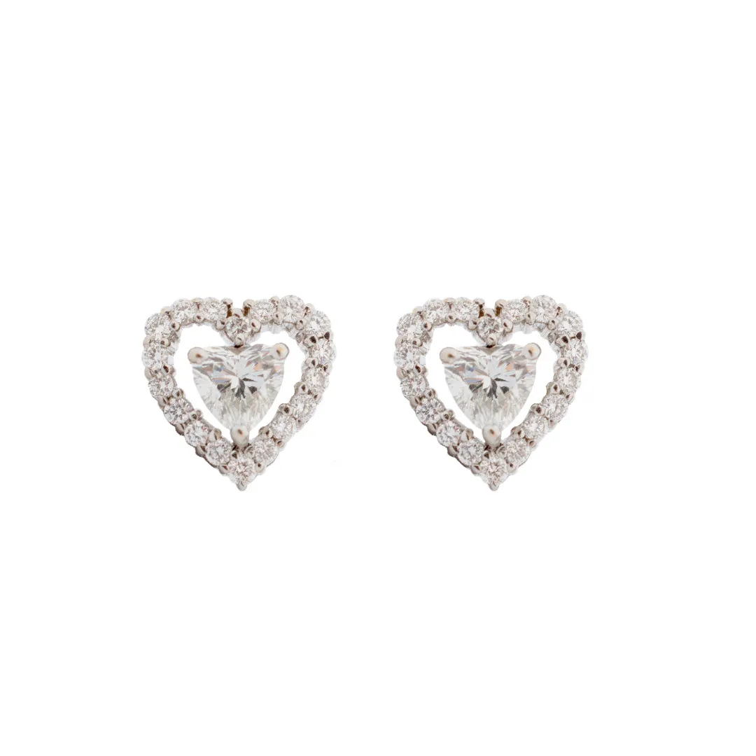 Ladies 18K White Gold Natural Heart Diamond Halo Stud Earrings 1.53TCW