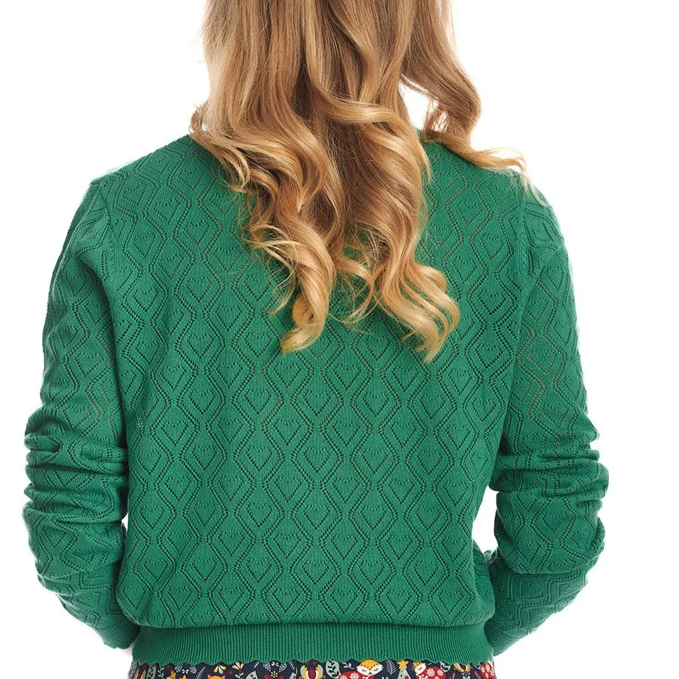 Long Sleeve Green Pointelle Scallop Edge Crop Cardigan