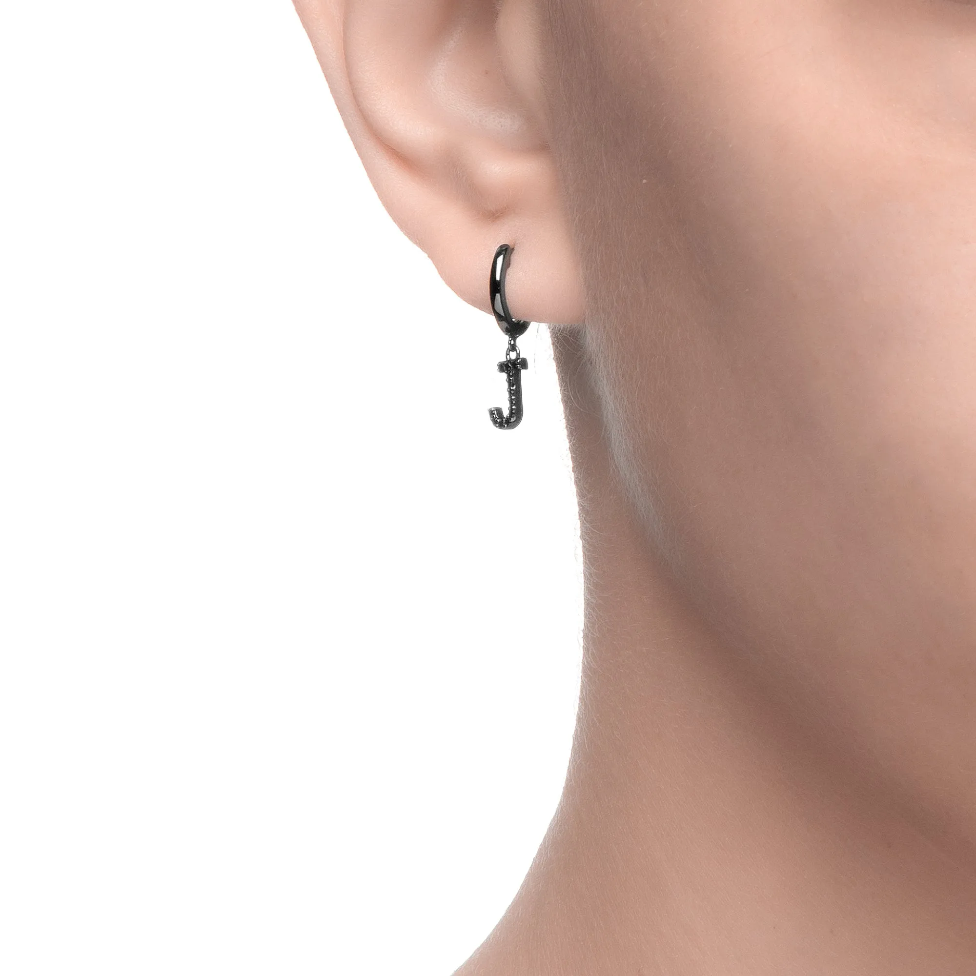 Magna | J Letter Single Earring | Black CZ | Black Rhodium Plated 925 Silver