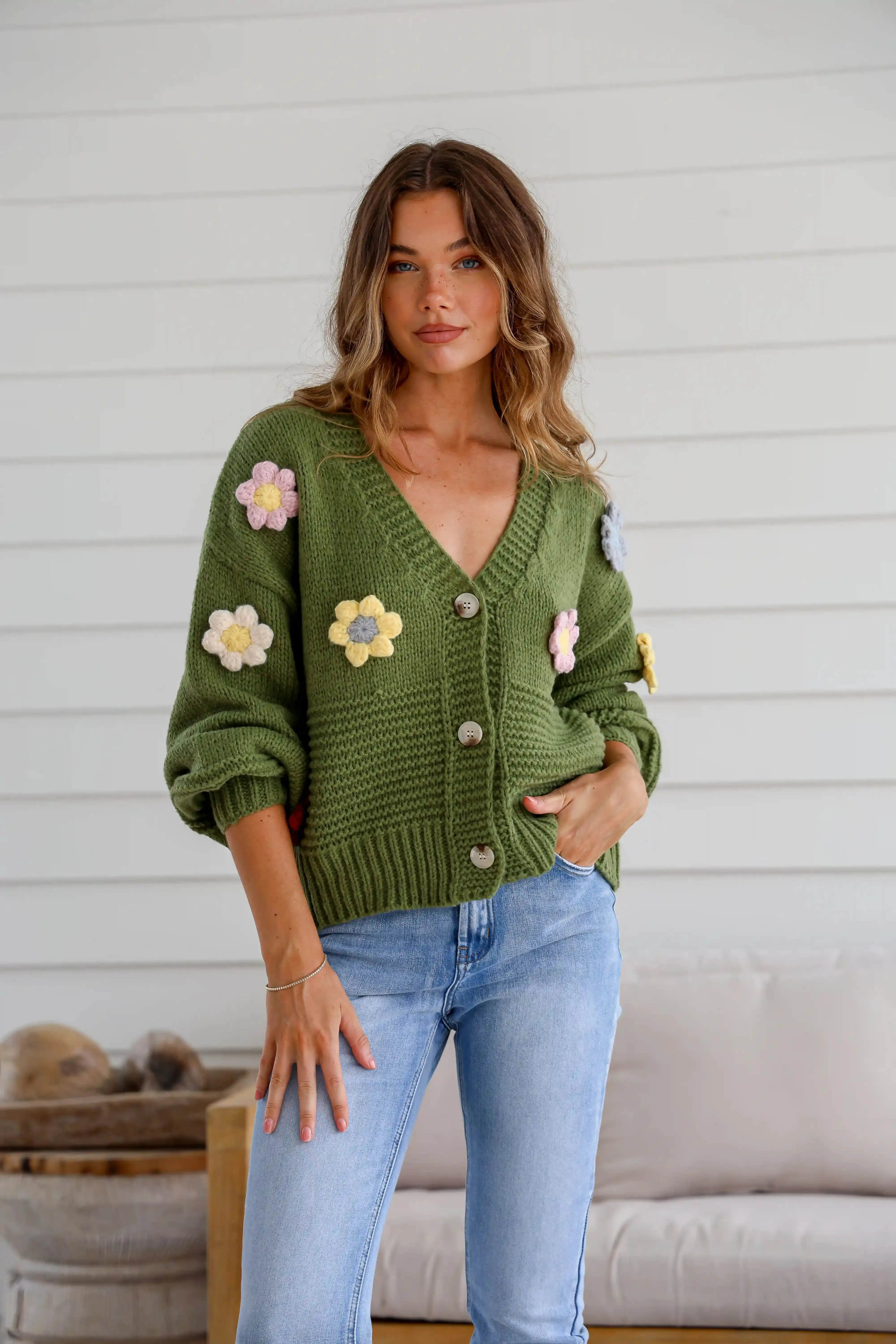 Mayfair Flower Knit Cardigan - Khaki