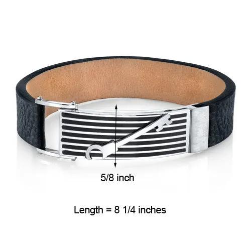 Men's Black Leather and Stainless Steel Bracelet Magnetic Fold-Over Clasp