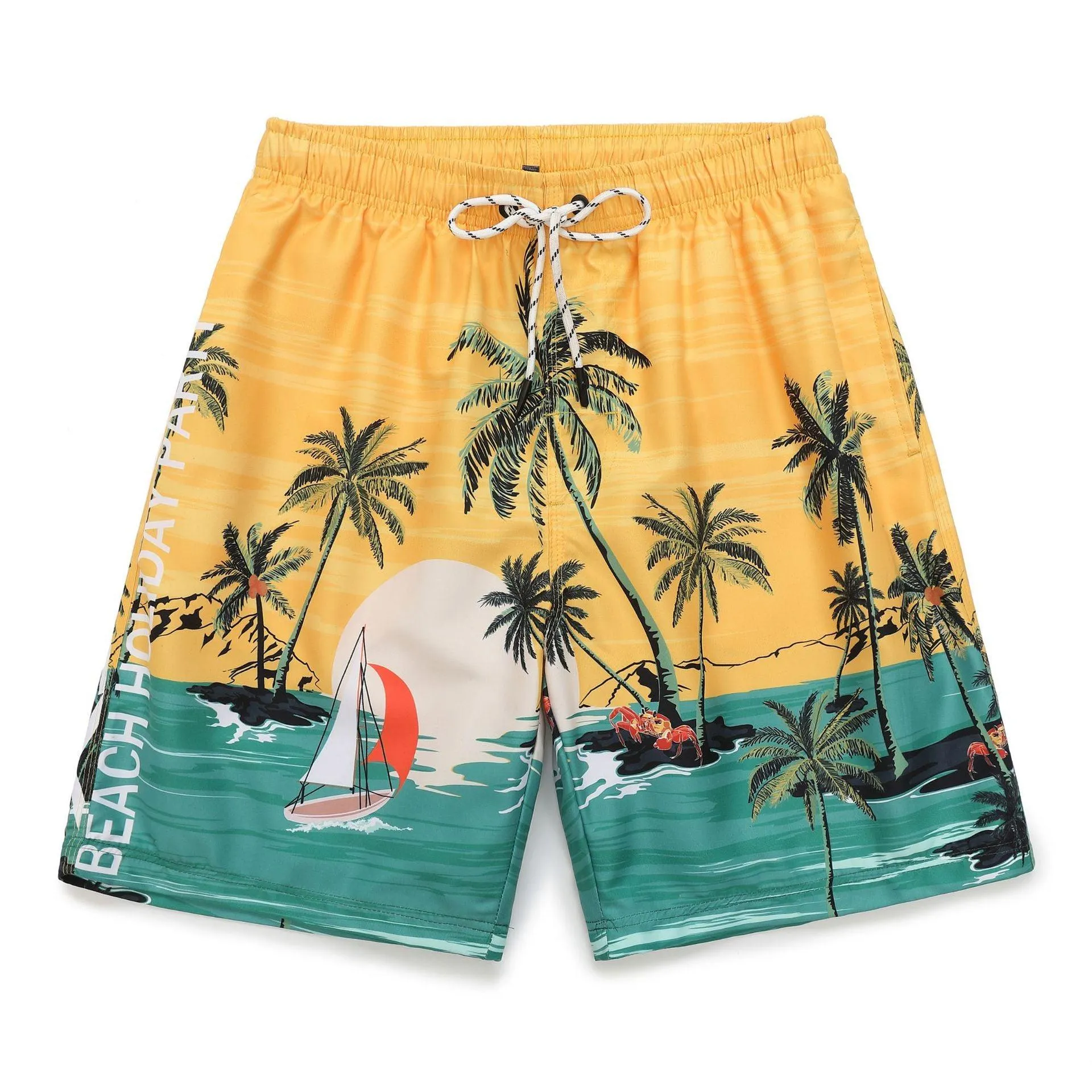 Men’s Coconut Pattern Beach Shorts - Casual Polyester Blend