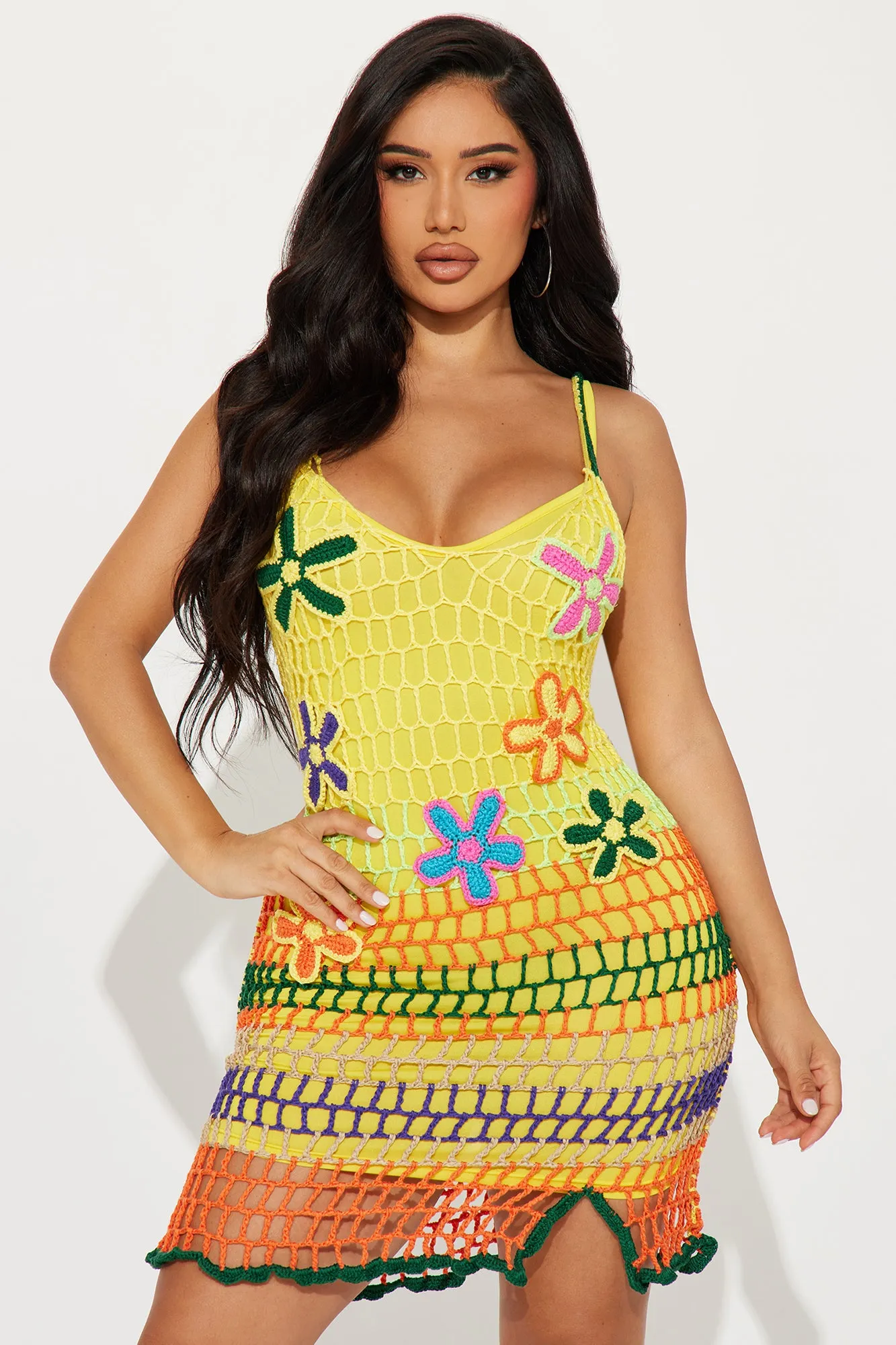 Naomi Crochet Micro Mini Dress - Yellow/combo