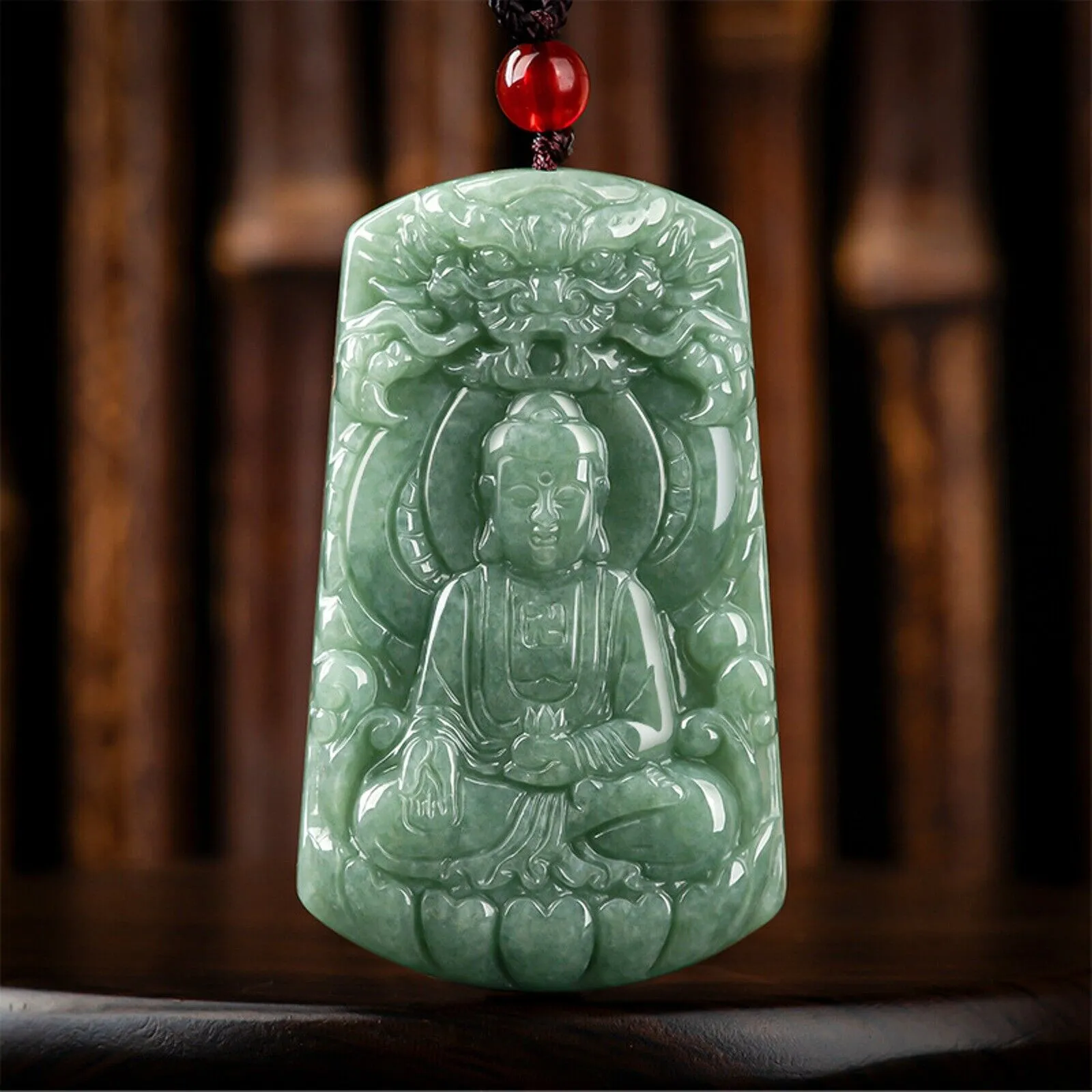 Natural Grade A Jade Jadeite Dragon Buddha Square Pendant #37-1226