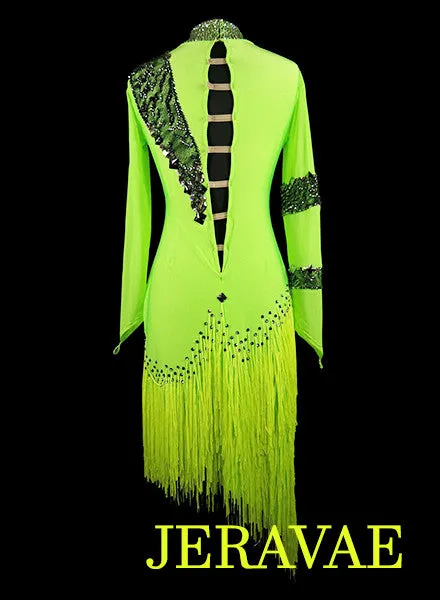 Neon Lime Green and Black Latin Fringe Dress LAT042 sz Large