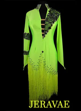 Neon Lime Green and Black Latin Fringe Dress LAT042 sz Large