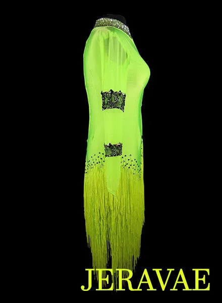 Neon Lime Green and Black Latin Fringe Dress LAT042 sz Large