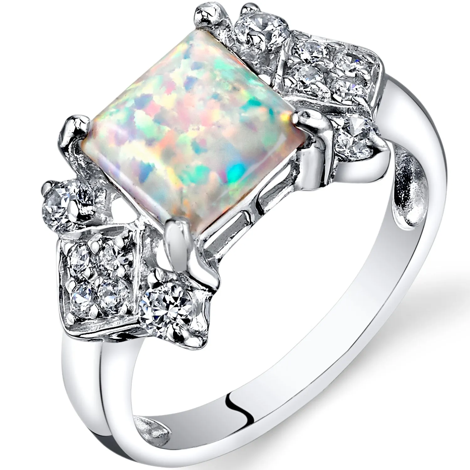 Opal Princess Cut Sterling Silver Ring Size 8