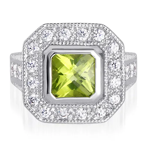 Peridot Princess Cut Sterling Silver Ring Size 7