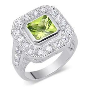 Peridot Princess Cut Sterling Silver Ring Size 7