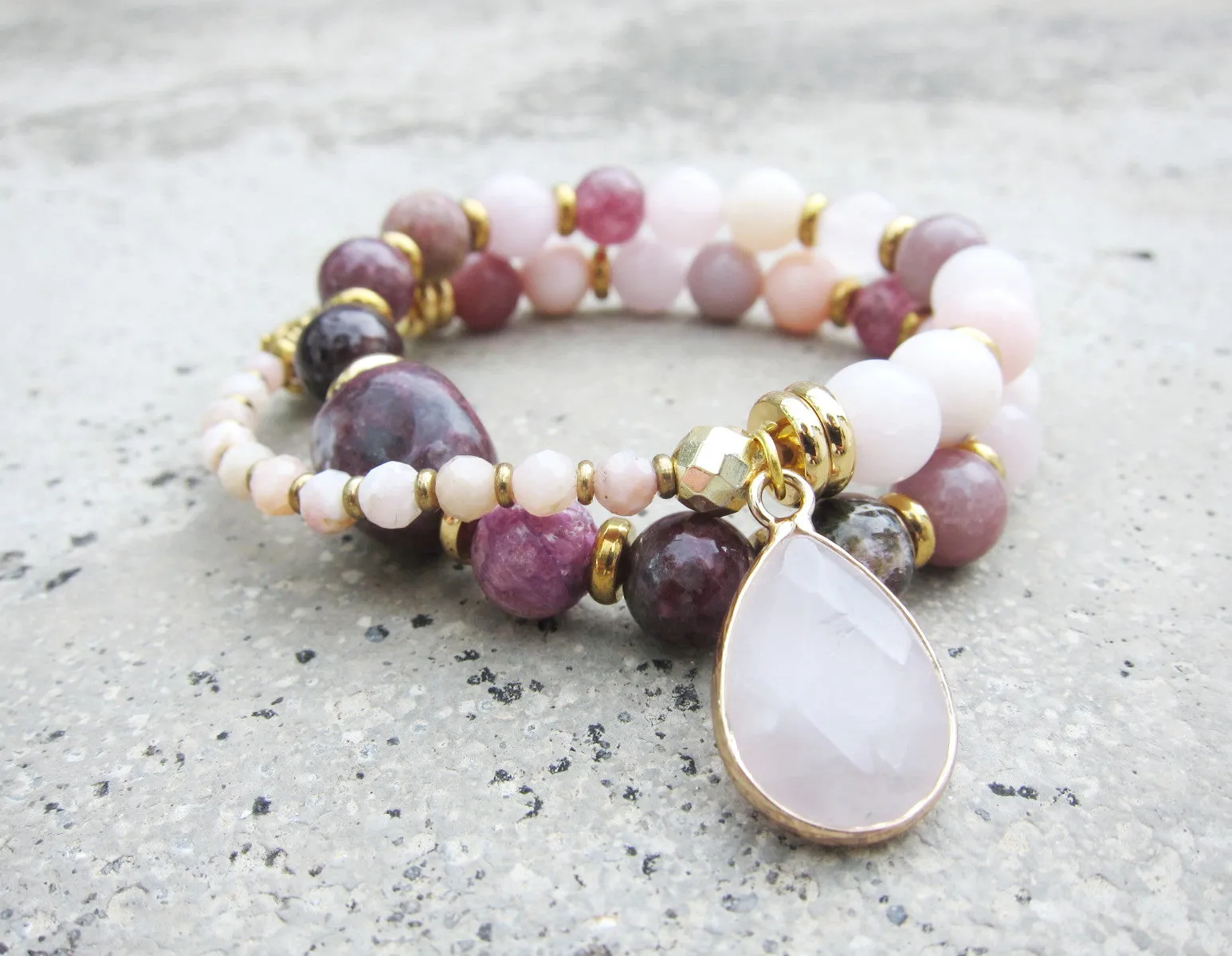 Plum Tourmaline, Pink Opal, Rose Quartz   Lepidolite in 27 Bead Mala Bracelet