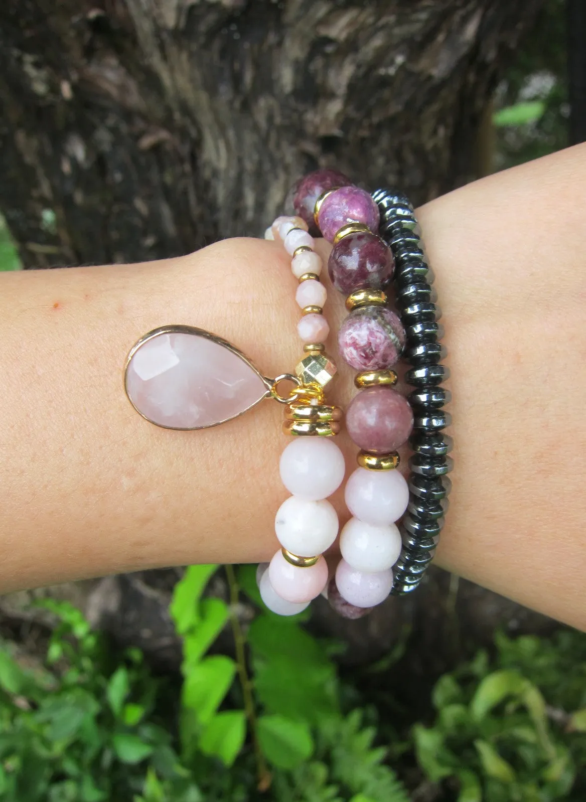 Plum Tourmaline, Pink Opal, Rose Quartz   Lepidolite in 27 Bead Mala Bracelet