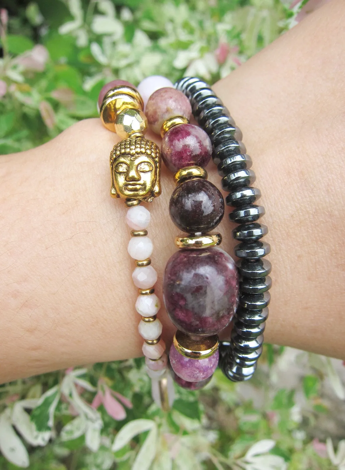 Plum Tourmaline, Pink Opal, Rose Quartz   Lepidolite in 27 Bead Mala Bracelet