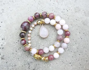 Plum Tourmaline, Pink Opal, Rose Quartz   Lepidolite in 27 Bead Mala Bracelet