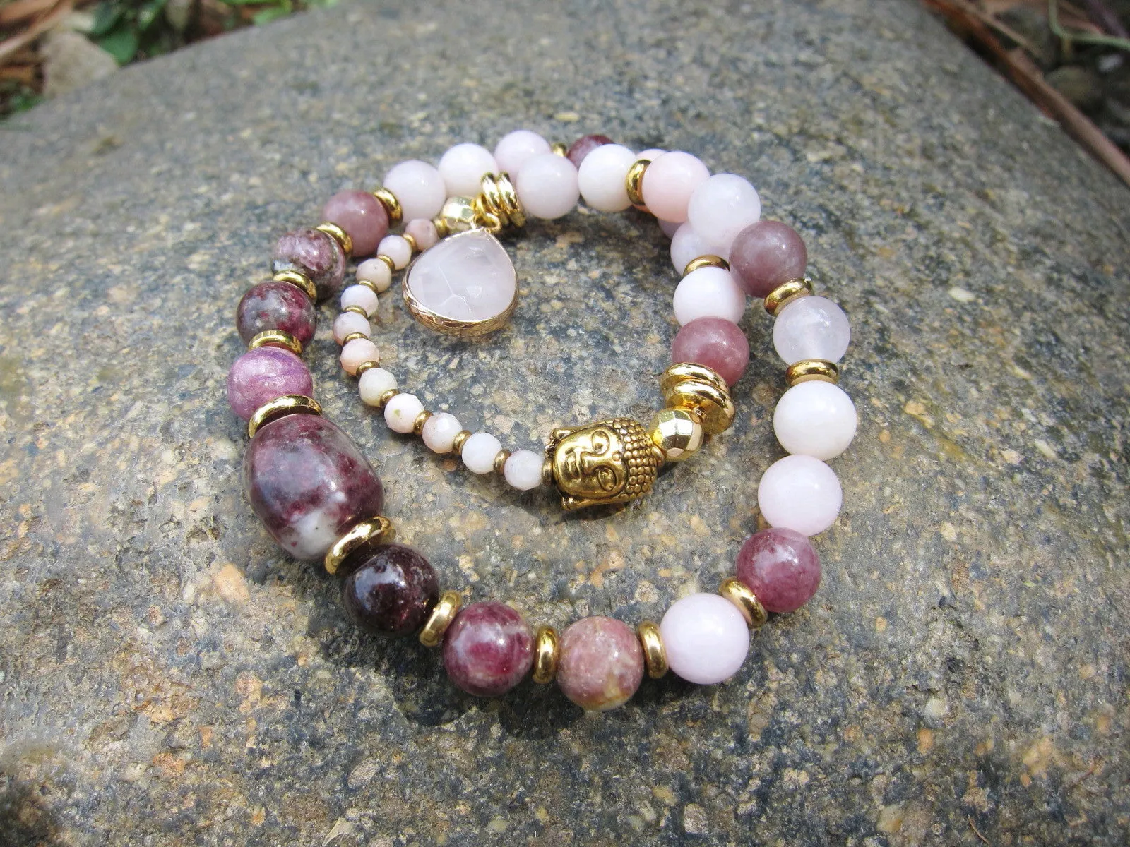 Plum Tourmaline, Pink Opal, Rose Quartz   Lepidolite in 27 Bead Mala Bracelet