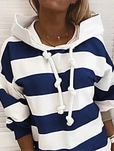 Plus-Size Women's Striped Hoodie Pullover with Drawstring and Hood